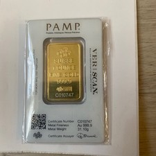 PAMP Suisse 1 Ounce Fine Gold Bar 999.9 Fineness with Certificate Gold Bar 3300.00 per troy oz