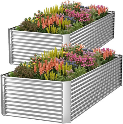 2 Pack Tall 8FT Corrugated Galvanized Steel Raised Garden Bed Outdoor, Metal abo