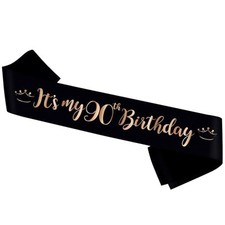 PYQWA It s My 90th Birthday Sash, Black Sash with Pink Foil - Happy 90th B