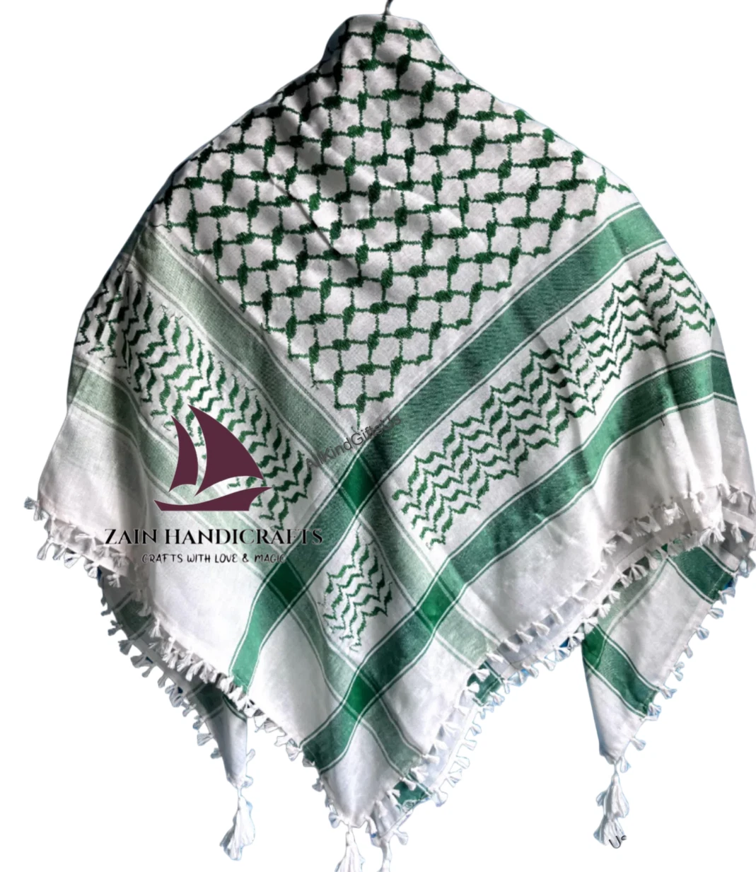 ZAIN Palestine Shemagh Keffiyeh Islamic Arab Scarf White Green Kufiya Arafat Hat