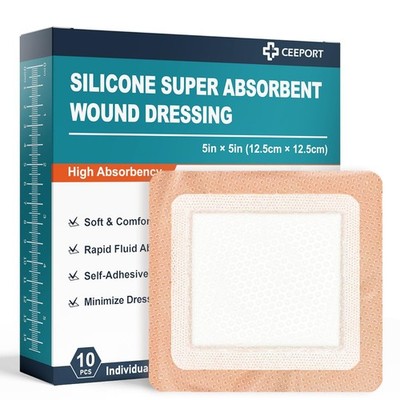 Ceeport Silicone Super Absorbent Wound Dressings 5'' x 5'', Adhesive Border Ban...
