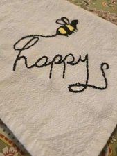 Bee Happy Hand Stitched Embroidery White Flour Sack Towel
