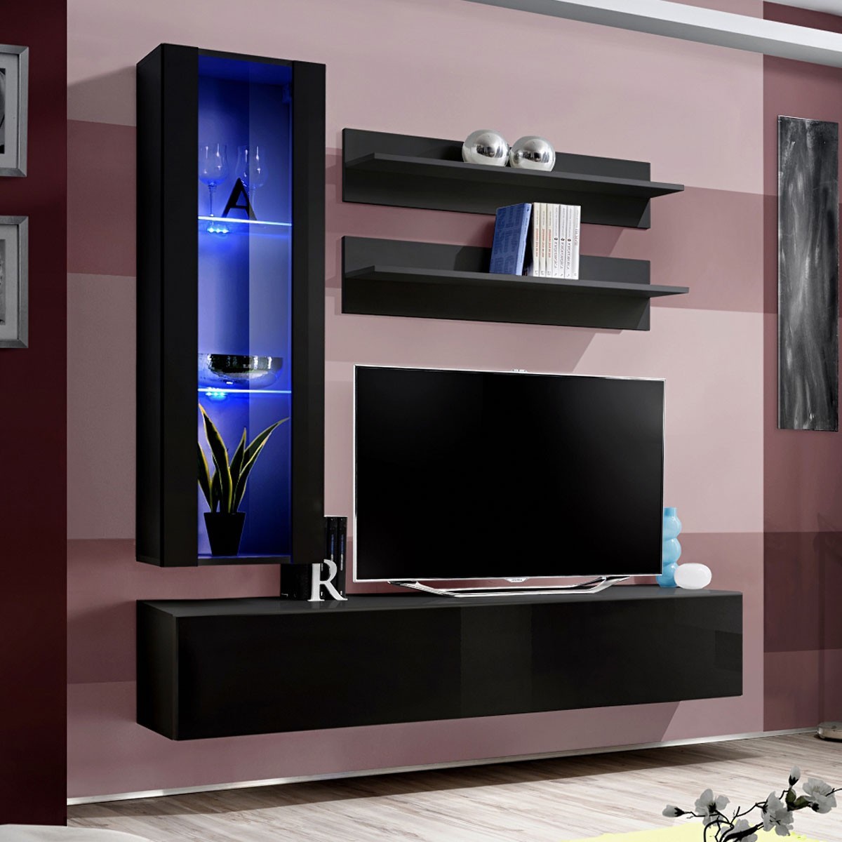 Ensemble meuble TV mural Fly H2 170cm noir suspendu pour salon