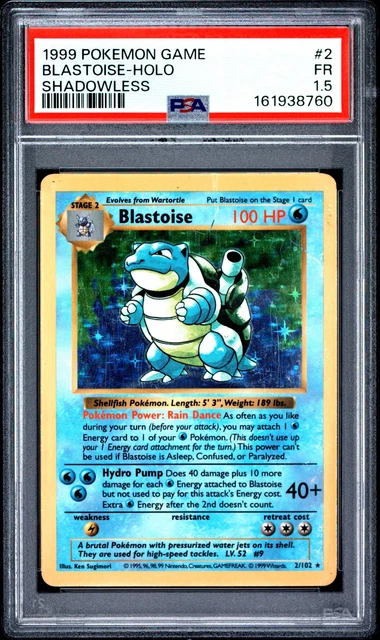 1999 POKEMON GAME SHADOWLESS #2 BLASTOISE-HOLO PSA 1.5