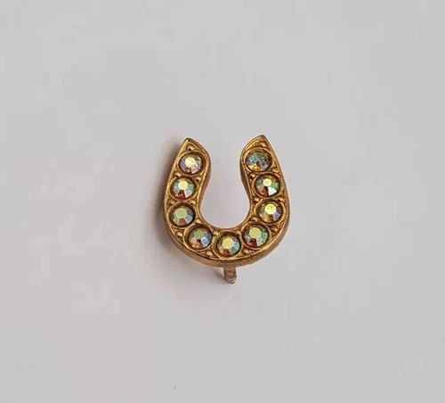 Vintage Horseshoe Lapel Pin Gold Rhinestone Costume Jewelry Accessory