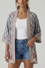 Max Studio Gray Paisley Open Front Lightweight Kimono Jacket 3/4 Sleeve XS