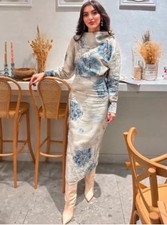 ZARA WOMEN PRINTED MIDI DRESS ZW SIZES S ECRU/BLUE COLLAR | 9014/080 NWT