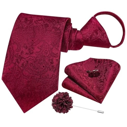 Zipper Ties for Men Paisley Striped Mens Pretied Neckties and Lapel Wine Red - Image 3 of 4