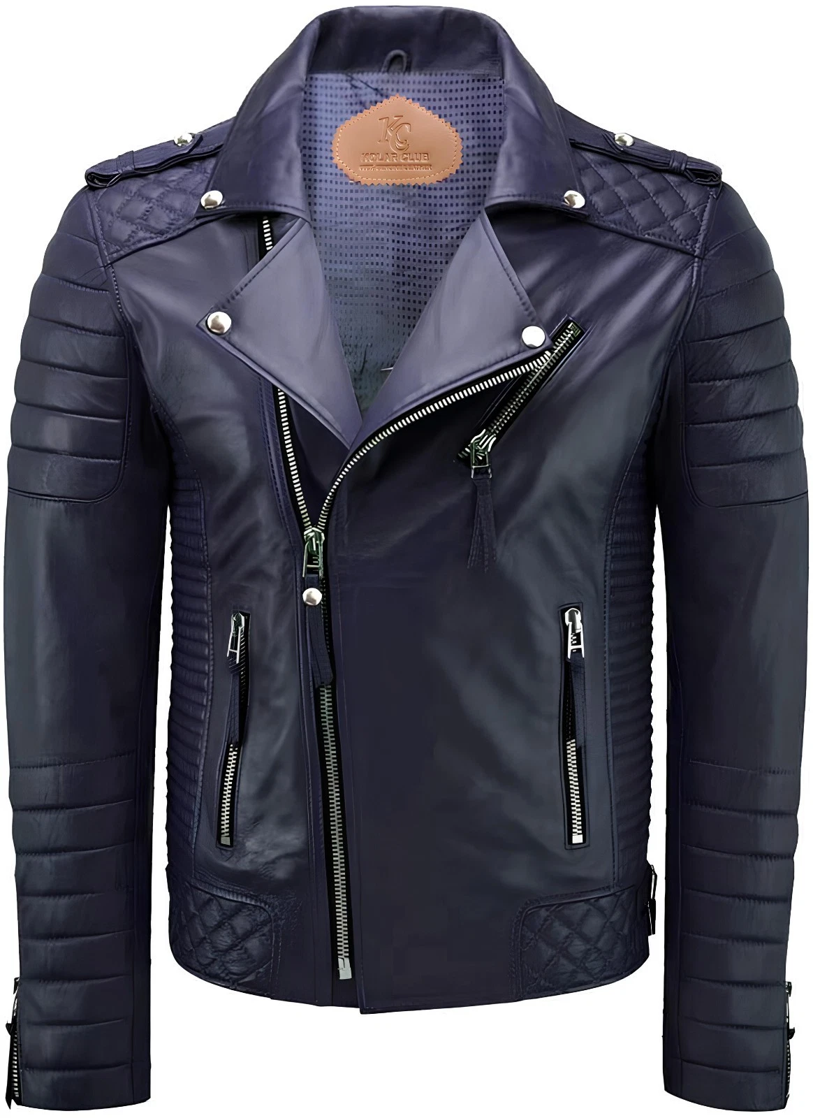 Men's Lambskin Leather Jacket Racer Biker Cafe Navy Blue Real Motorcycle Genuine