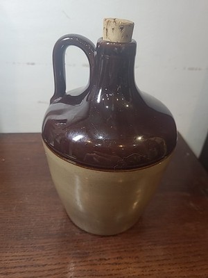 Two Tone Brown & Beige Derbyshire Stoneware Salt Glazed Flagon, 7.5 Inches High