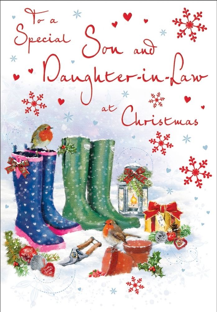 Christmas Card - Son & Daughter in Law - Wellies - Glittered - Regal