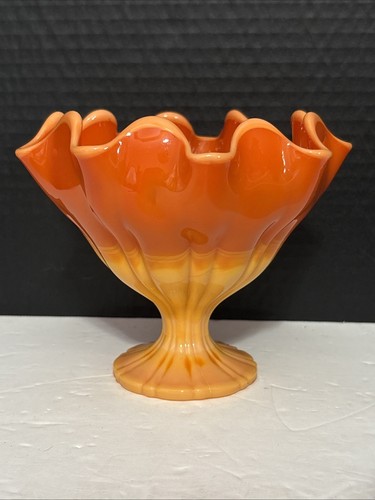 Vtg MCM LE Smith Bittersweet Ruffled Compote Footed Orange Handkerchief Swung
