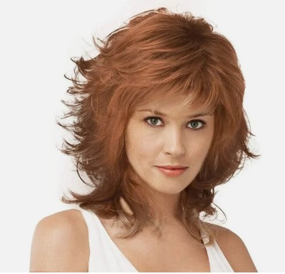 Mid Length Shag Capless Wavy Layered Synthetic Hair Wigs Women Natural Auburn us