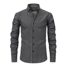 Mens Dress Shirts Formal Business Long Sleeves Casual Elastic Plaids Shirts Tops