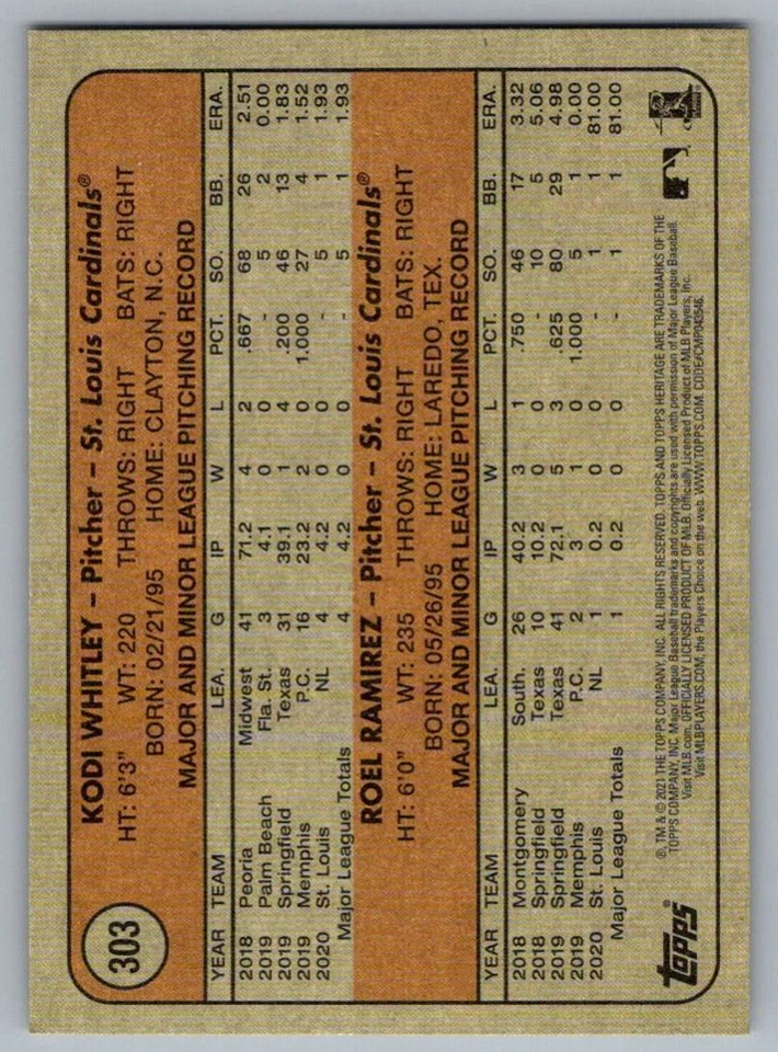 2021 Topps Heritage 2021 Rookie Stars - Cardinals - Kodi Whitley/Roel Ramirez - Image 2 of 2