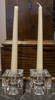 Vintage Art Deco Square Heavy Crystal Taper Candle Holders With Unique Design
