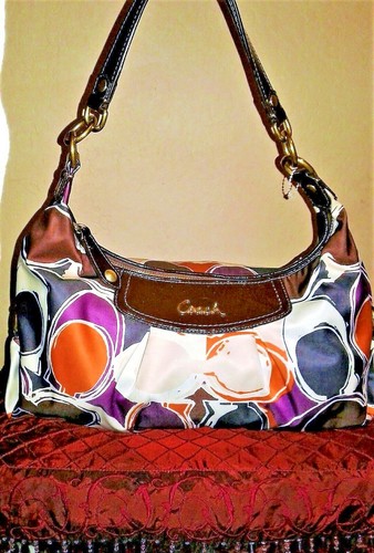 Coach Hobo Bag Multicolor Satin Fabric Brown Leather Trim-Strap Shoulder Style - Picture 3 of 10