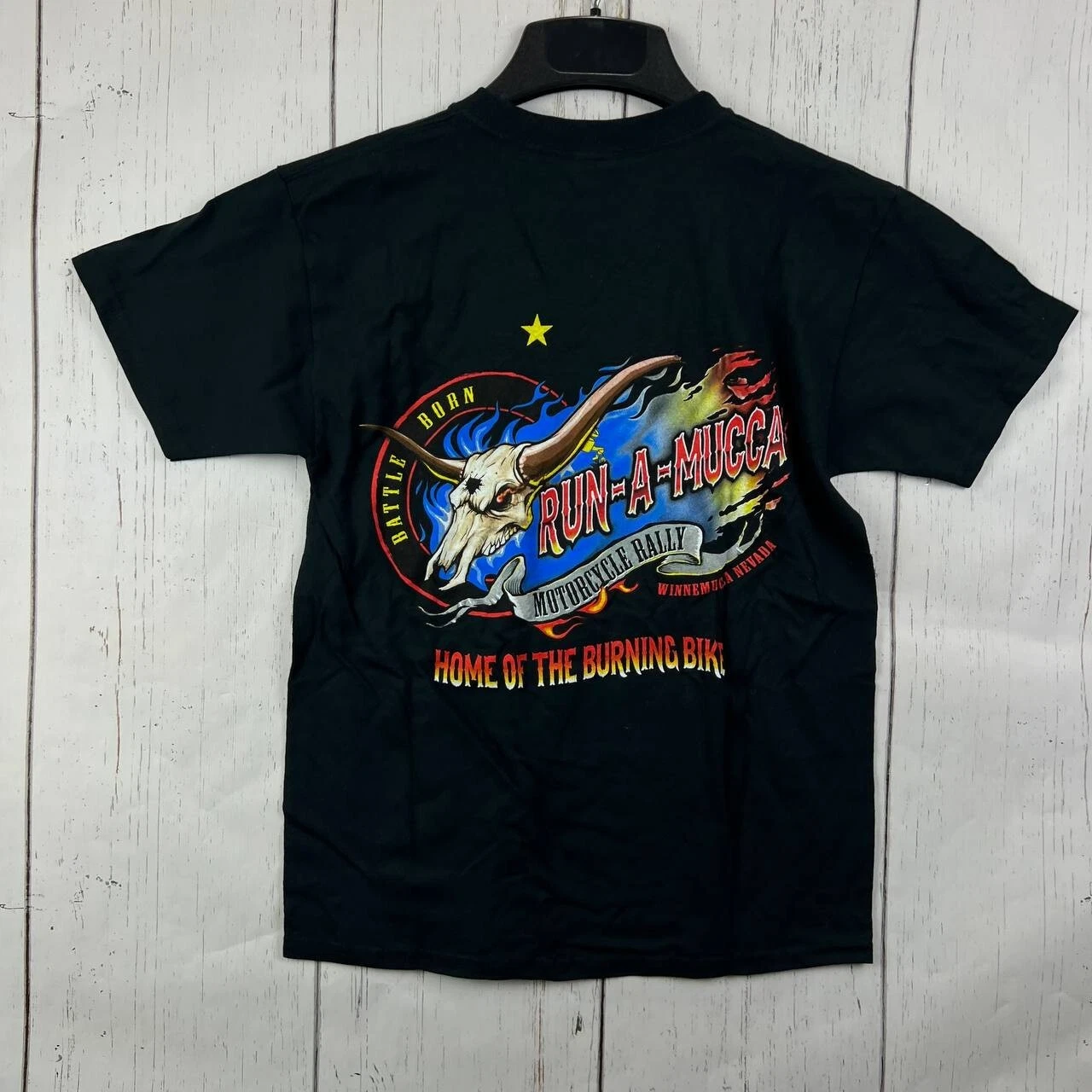Vintage Run-A-Mucca Motorcycle Rally Medium Gildan Casual T-Shirt Black New Men
