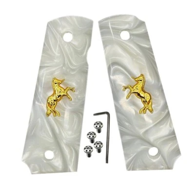SHARD 1911 Grips Full Size fit Colt Springfield Grips White Pearl W/Gold Horse & Screw