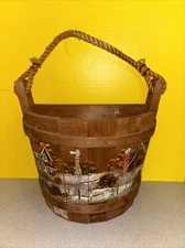 Vintage Coopered Wood Bucket Hand painted Country Farmhouse Decor Prim Folk Art