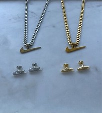 Nike Necklaces  Nike Earrings - Bundle - 4 Items - Gold  Silver - 5mm Cuban