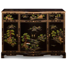 US Seller - Black Lacquer Chinoiserie Scenery Motif Oriental Hall Cabinet