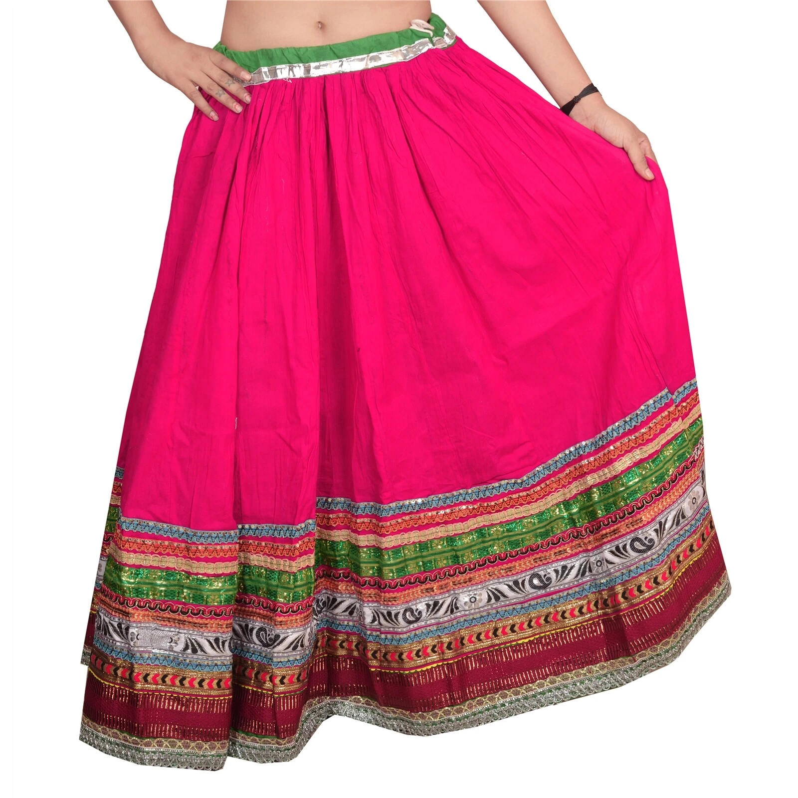 Sanskriti New Pink Cotton Long Skirt Embroidered Lace Work Partywear Bollywood