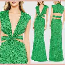 NEW Mac Duggal [ 0 ] 10919 Sequined Cap Sleeve Plunge Neck Cut out Gown S1867