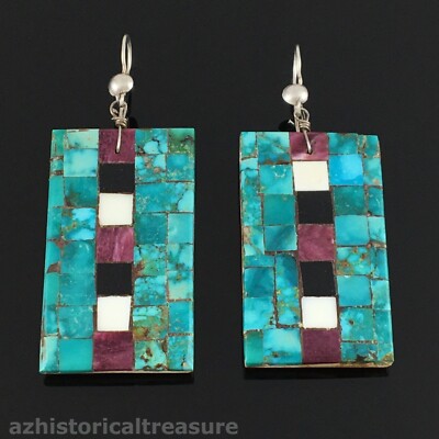 LARGE NATIVE AMERICAN SANTO DOMINGO KEWA TURQUOISE SHELL MOSAIC INLAY EARRINGS