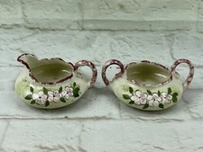 Singing River Original Pottery Creamer Sugar Bowl Set Pink Ivory Floral Flowers