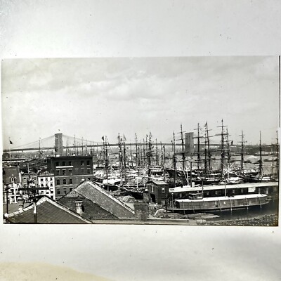 New York Antique Magic Lantern Glass Slide Photo Dock Harbor Ships Bridge NYC