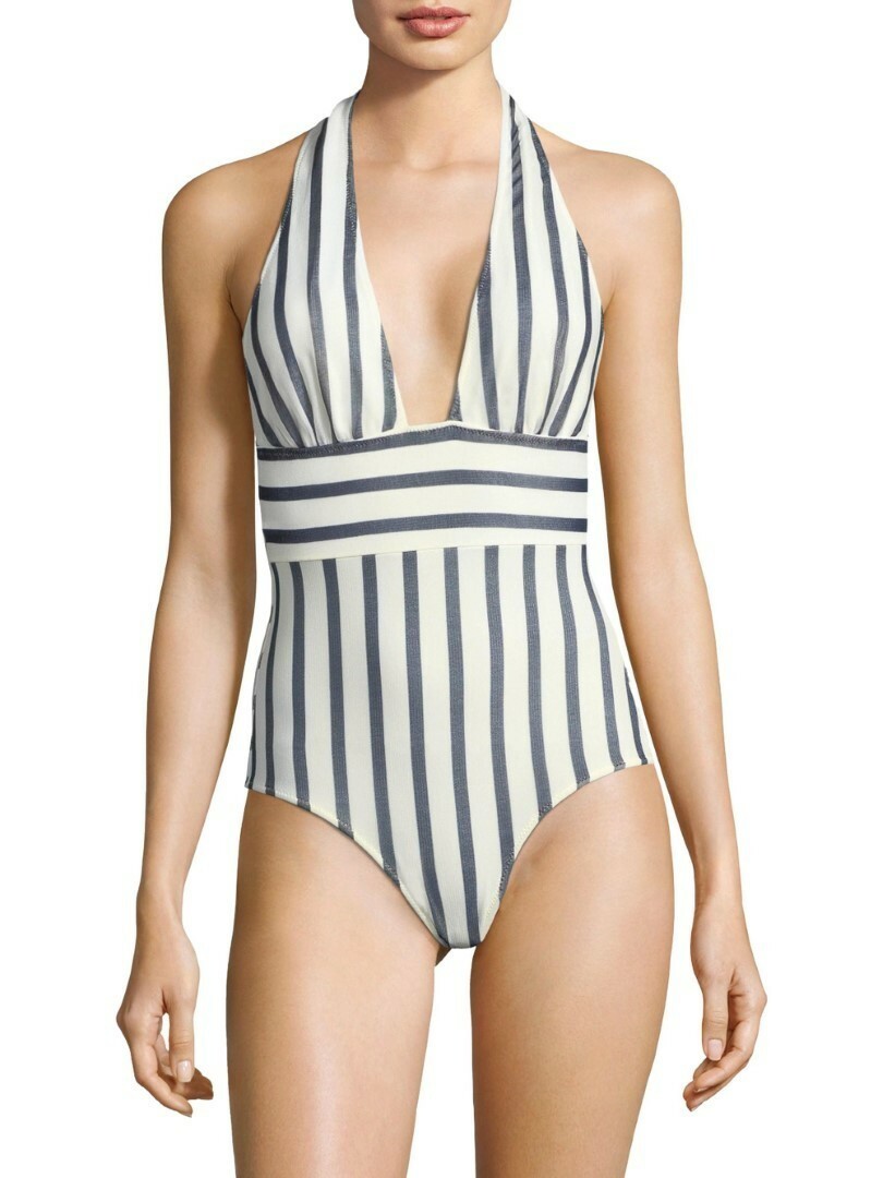 FUZZI Women's White Mesh Black Stripe 1pc Halter Swimsuit Size 6 MSRP $325