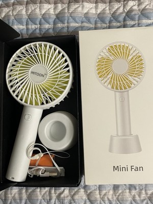 MITOON Mini Fan White with Yellow Blades Rechargeable Portable w/ Base Open Box