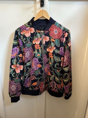 NWOT Susan Graver Weekend Printed Manhattan Twill Zip-Front Bomber Jacket L