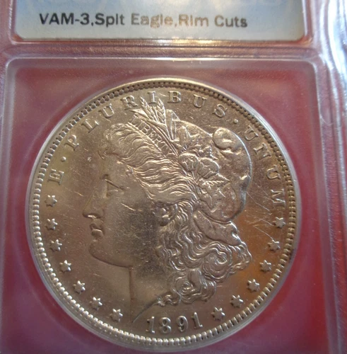 1891-CC Morgan Silver Dollar ICG AU-50 Details  - TOP 100 VAM-3 "Spitting Eagle"