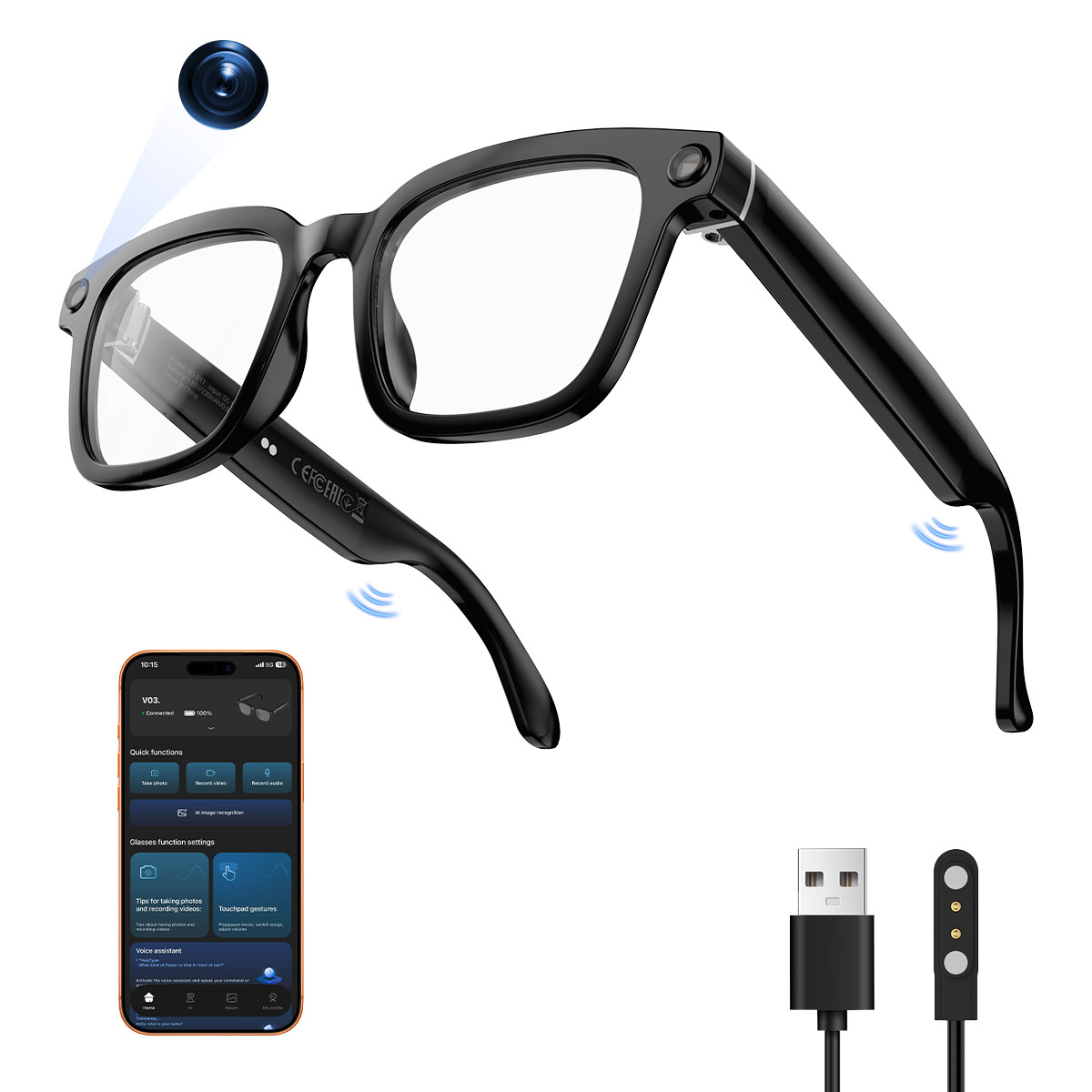 Smart Bluetooth Glasses with Camera 1080p Video Recording He
