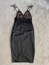 Boohoo night black satin midi slip party dress rose lace size 8 tie shoulder str