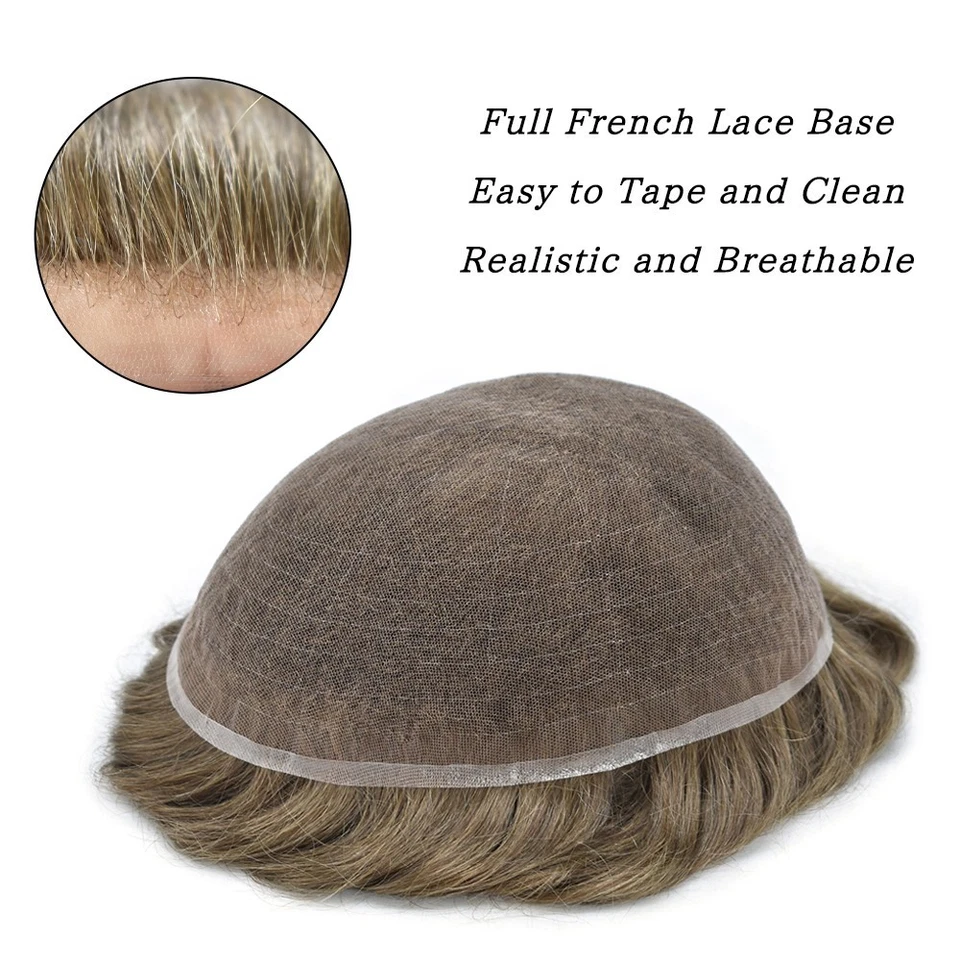 Peluca de encaje suizo Toupee sistema de cabello humano de encaje francés completo para hombre Foto 3 de 4