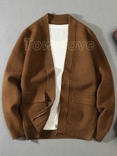 Men's Zippered Cardigan Jacket Jacquard Cotton Wool V-Neck Knitted Jacket Coat