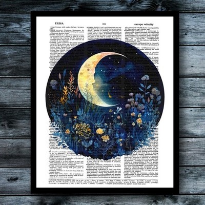 Blue Moon Flowers Starry Sky Dictionary Art Print