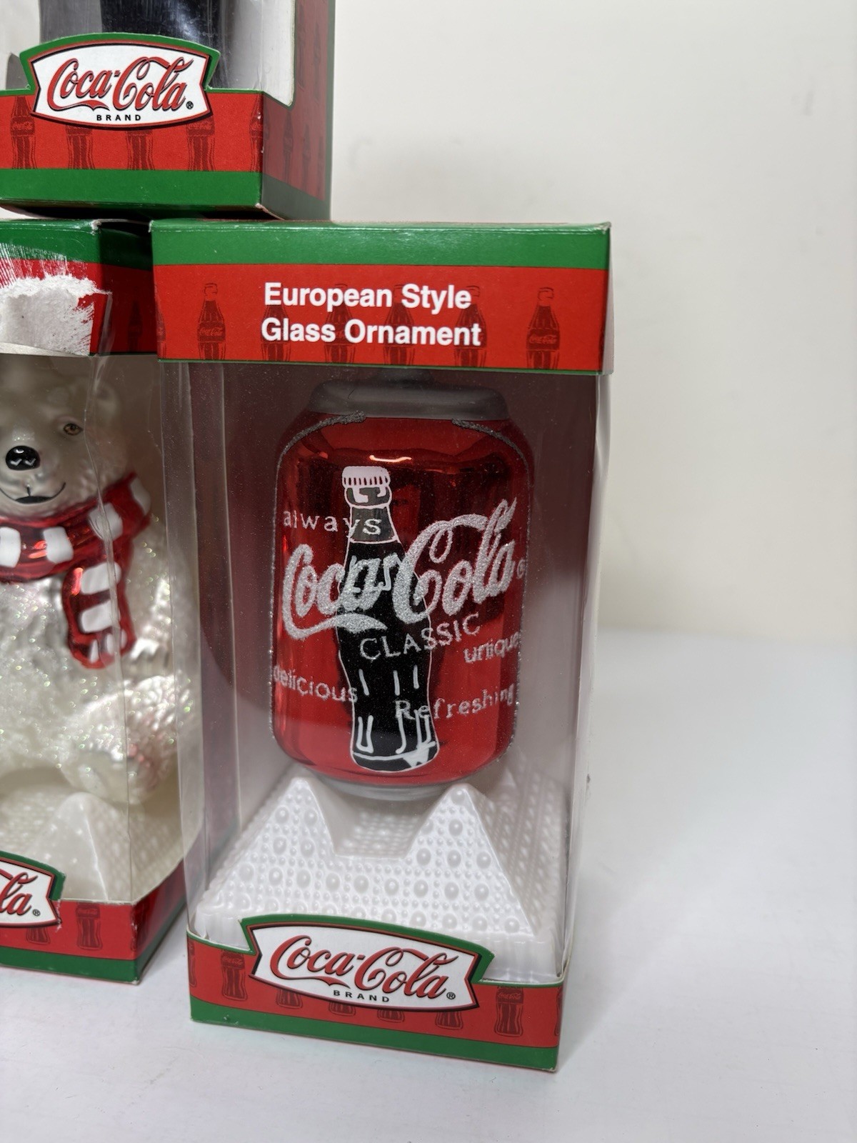 Kurt Adler Coca-Cola European Style Glass Ornaments Polar Bear Can Bottle NEW