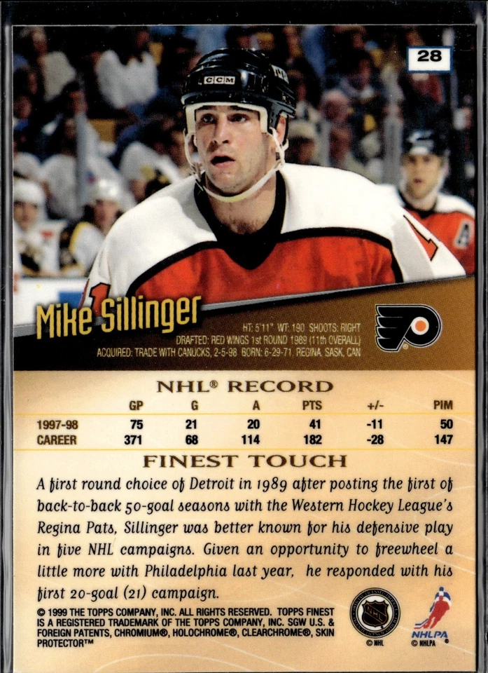 1998-99 Topps Finest Hockey #28 MIKE SILLINGER Philadelphia Flyers - Image 2 of 2