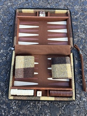 Vintage Backgammon Set Complete Wool Tweed Brown Beige Zippered