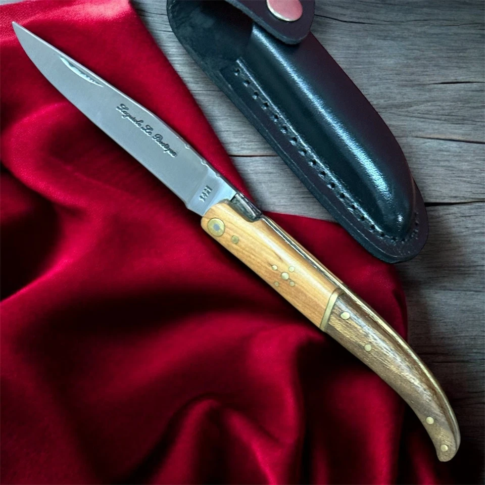 Cuchillo de Bolsillo Laguiole De Colección Hoja Mango de Madera Para Hombre Funda Cuero Raro Antiguo Foto 3 de 4