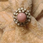 Vintage Ring size 6 Pink cabochon center Milk Glass Outer Silver Tone