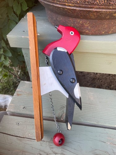 Handmade Door Knocker Red Head Wood Pecker Pull String Folk Art
