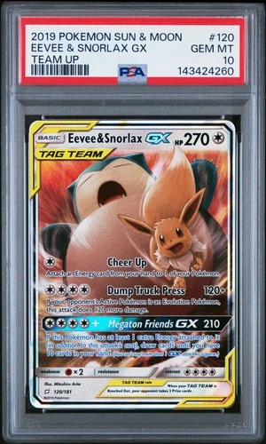 2019 POKEMON SUN & MOON TEAM UP #120 EEVEE & SNORLAX GX PSA 10