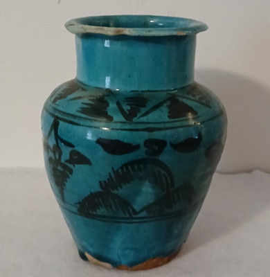 Antique Turquoise Blue Iznik Style Clay Pottery Vase 6.5''