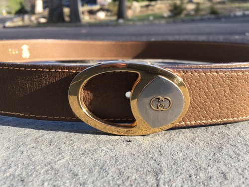 RARE VINTAGE GUCCI Reversable Double G GG Belt Buckle & Brown Web Stripe Strap