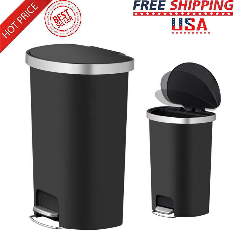 Garbage Can  Waste Bin 14.5 Gal Plastic Semi Round Kitchen Step Trash Can Black